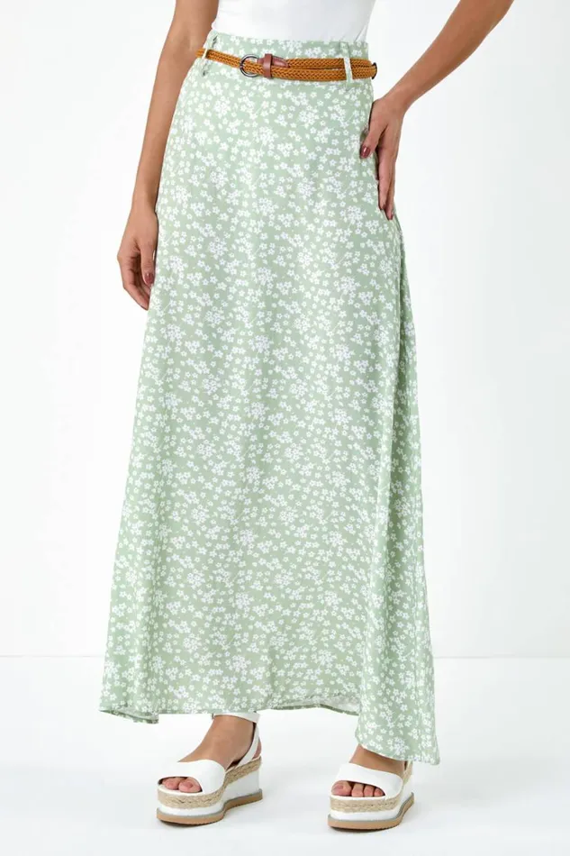 Sage Ditsy Floral Belted A Line Maxi Skirt Women Roman Skirts
