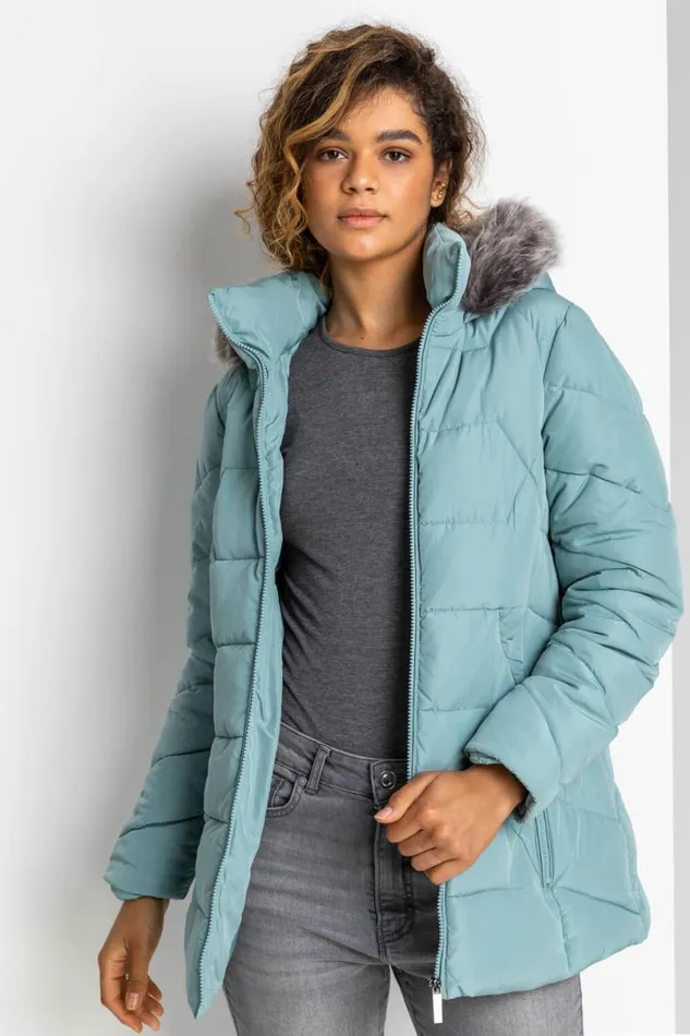 Sage Faux Fur Trim Hooded Coat Women Roman Coats