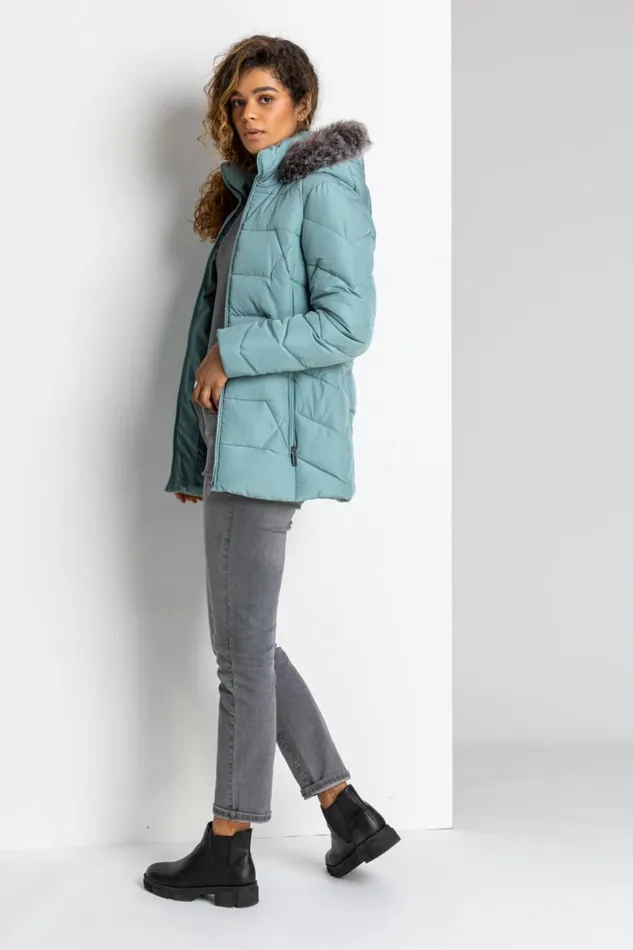 Sage Faux Fur Trim Hooded Coat Women Roman Coats