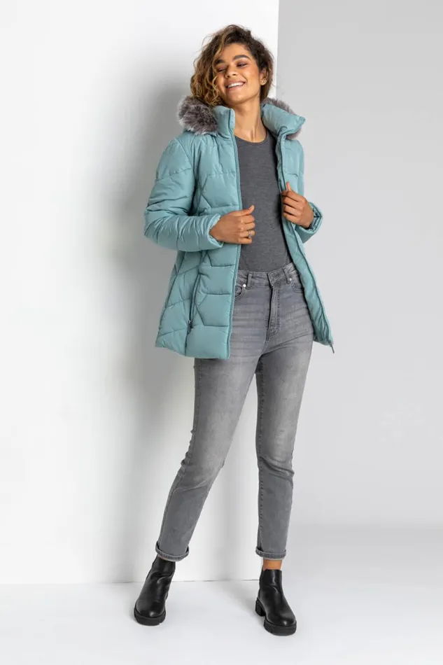 Sage Faux Fur Trim Hooded Coat Women Roman Coats