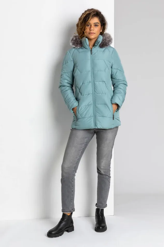 Sage Faux Fur Trim Hooded Coat Women Roman Coats