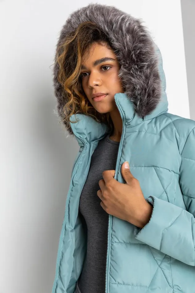Sage Faux Fur Trim Hooded Coat Women Roman Coats