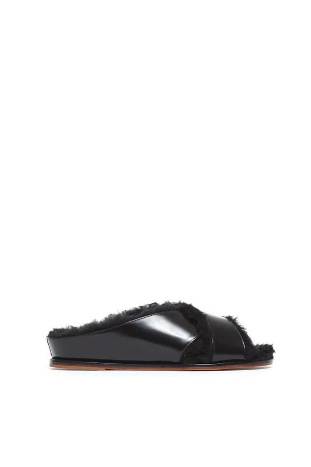 Sandals Women Gabriela Hearst Ellington Fur Flat Slide In Black Leather