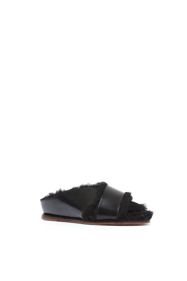 Sandals Women Gabriela Hearst Ellington Fur Flat Slide In Black Leather
