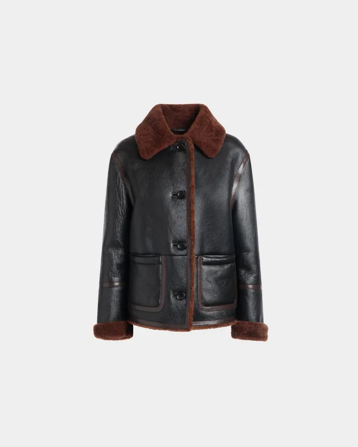 Shearling Lined Jacket In Black Leather Women Bally Coats and Jackets