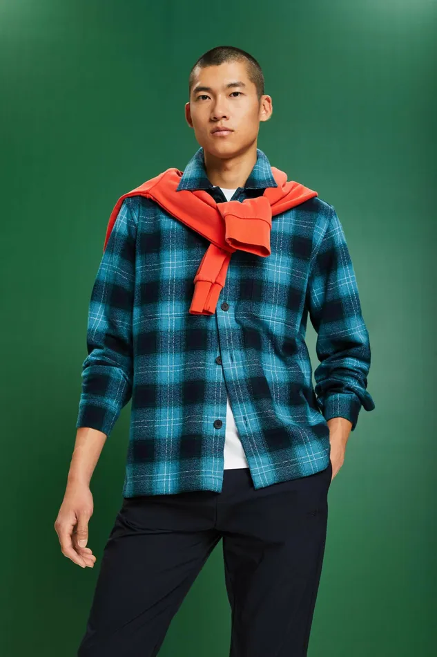 Shirts Men Esprit Plaid Cotton Flannel Shirt Dark Turquoise