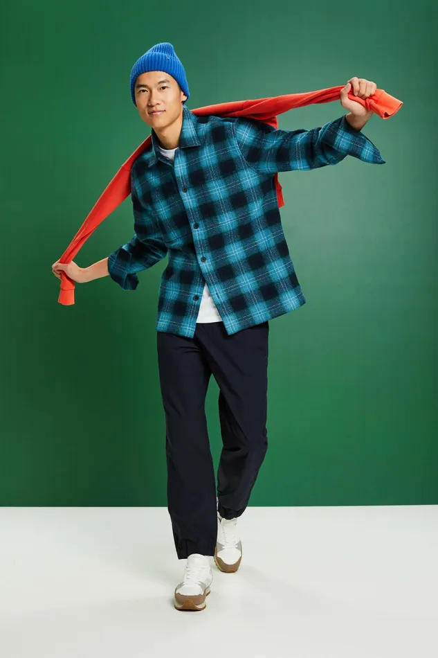 Shirts Men Esprit Plaid Cotton Flannel Shirt Dark Turquoise
