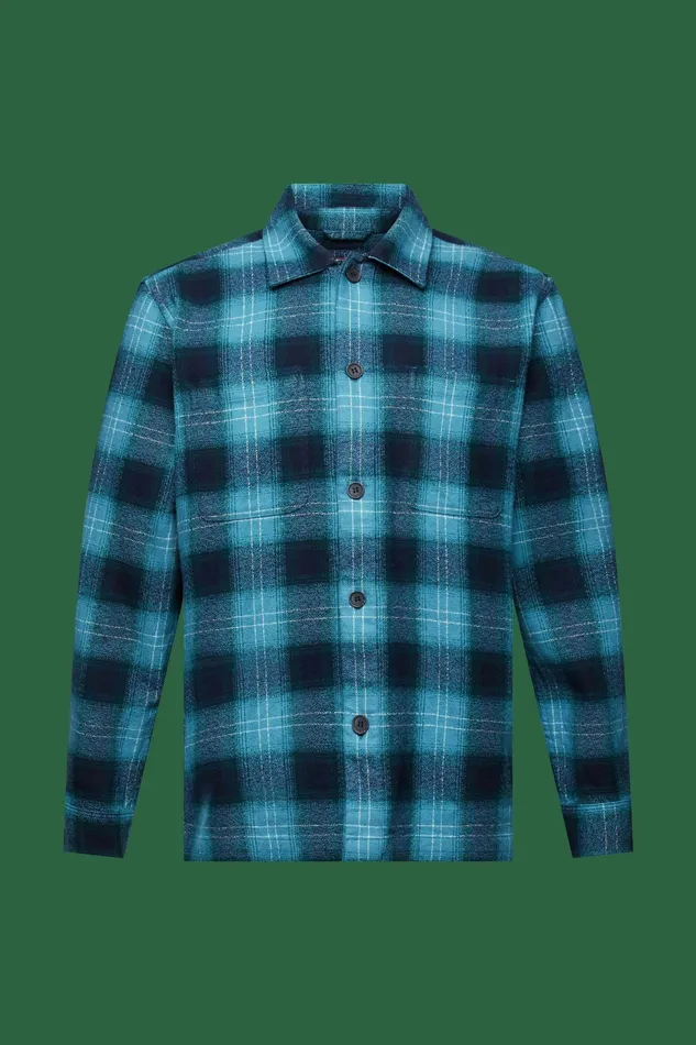Shirts Men Esprit Plaid Cotton Flannel Shirt Dark Turquoise