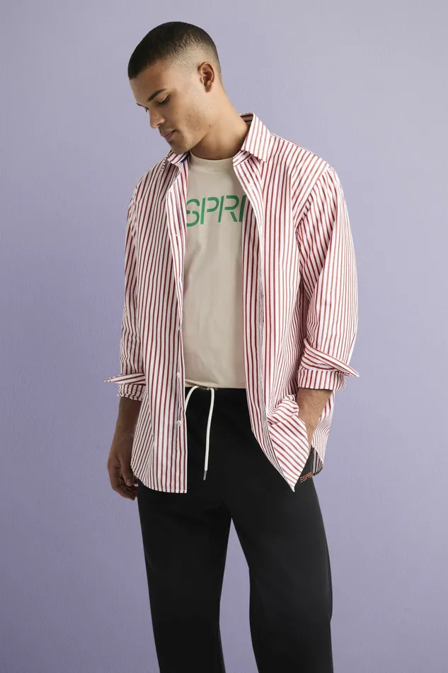 Shirts Men Esprit Striped CottonPoplin Shirt Dark Red