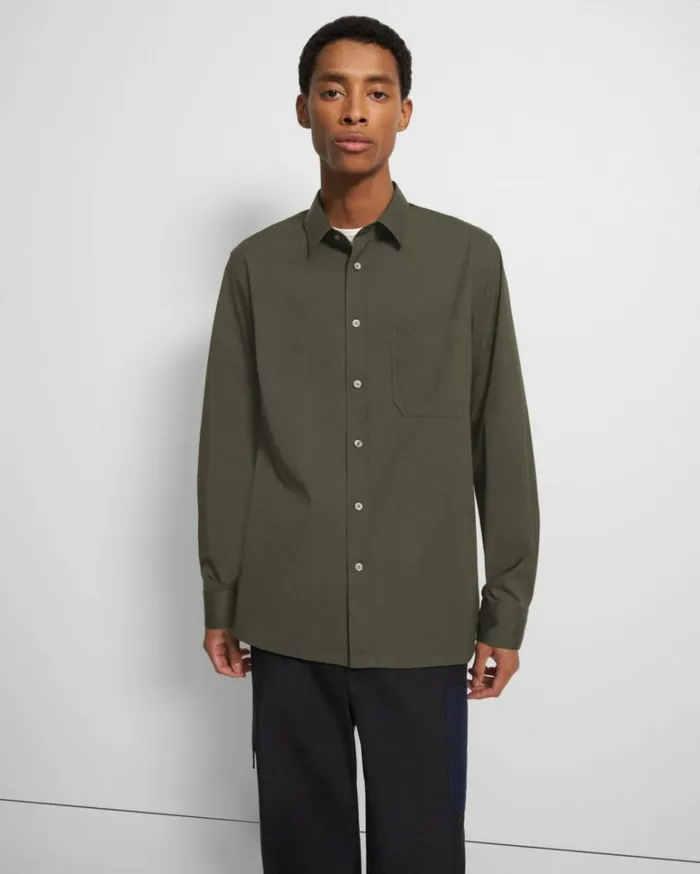 Shirts Men Theory Stretch Cotton Shirt Light Army