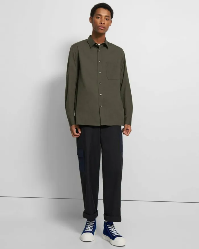 Shirts Men Theory Stretch Cotton Shirt Light Army Shirts Men Theory Stretch Cotton Shirt Light Army