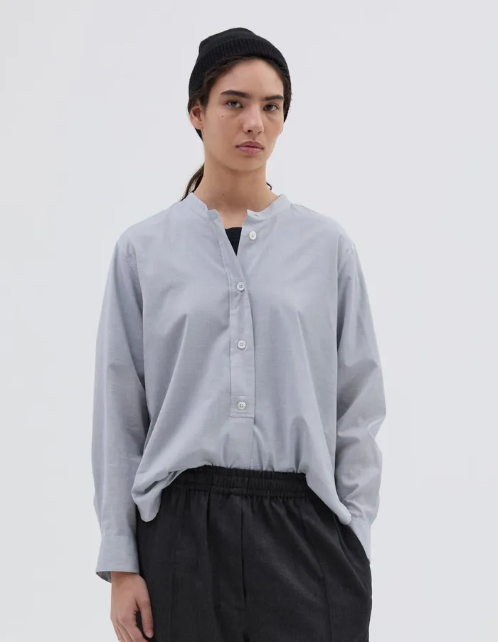 Shirts Women Margaret Howell Button Through Collarless Shirt Blue