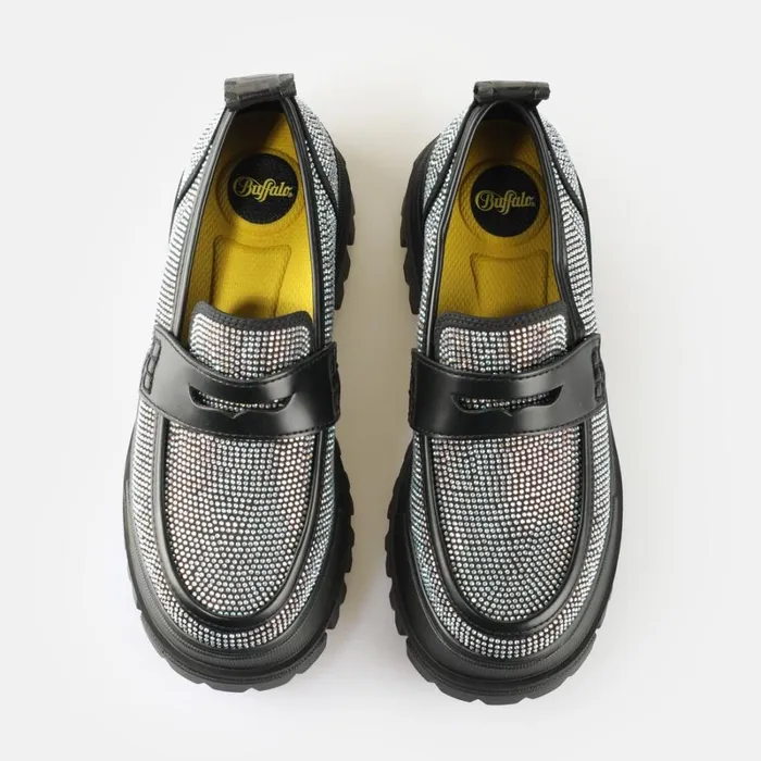 Shop Aspha Loafer Black Glitter BUFFALO Lace Up Shoes
