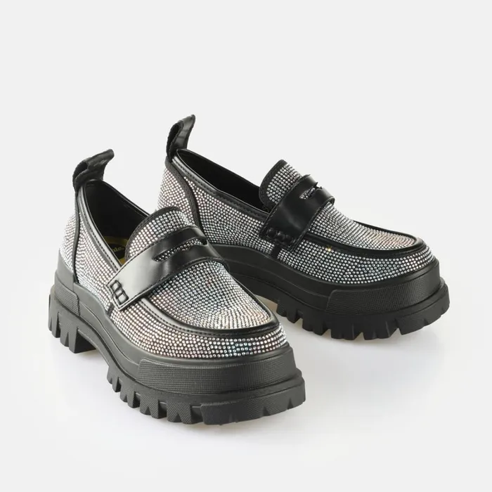 Shop Aspha Loafer Black Glitter BUFFALO Lace Up Shoes