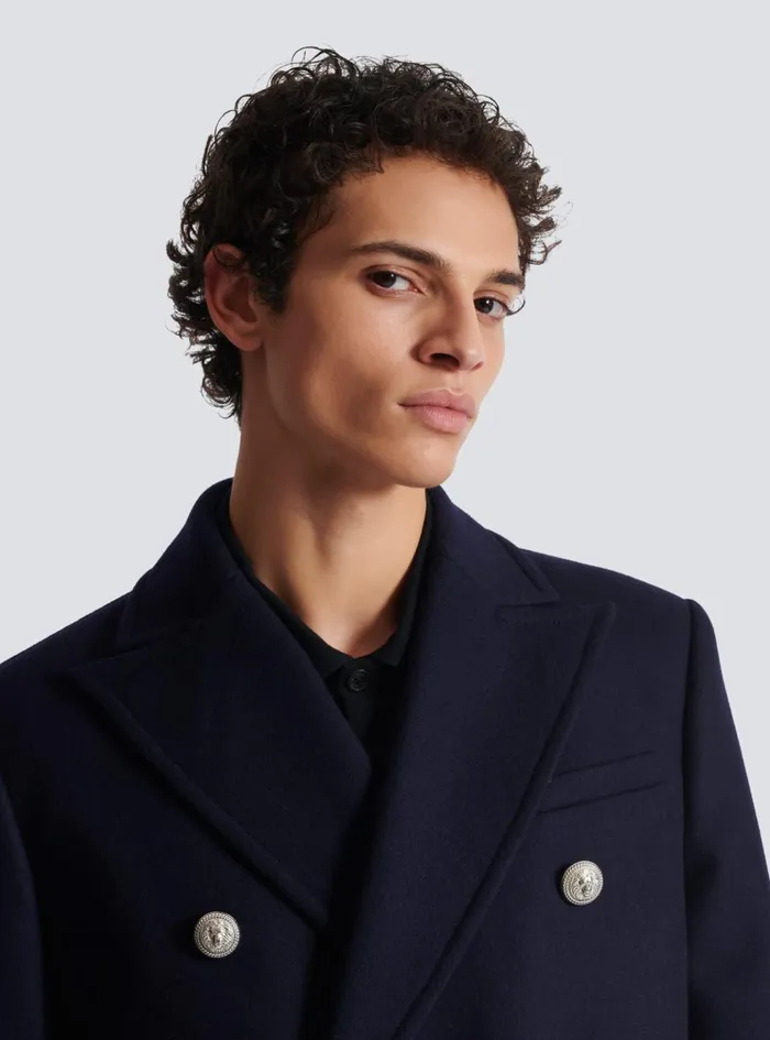 Short Felted Wool Coat Navy Men Balmain Outerwear