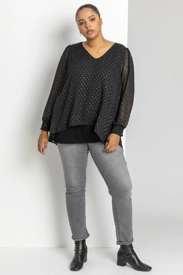 Silver Curve Metallic Textured Spot Blouse Women Roman Tops