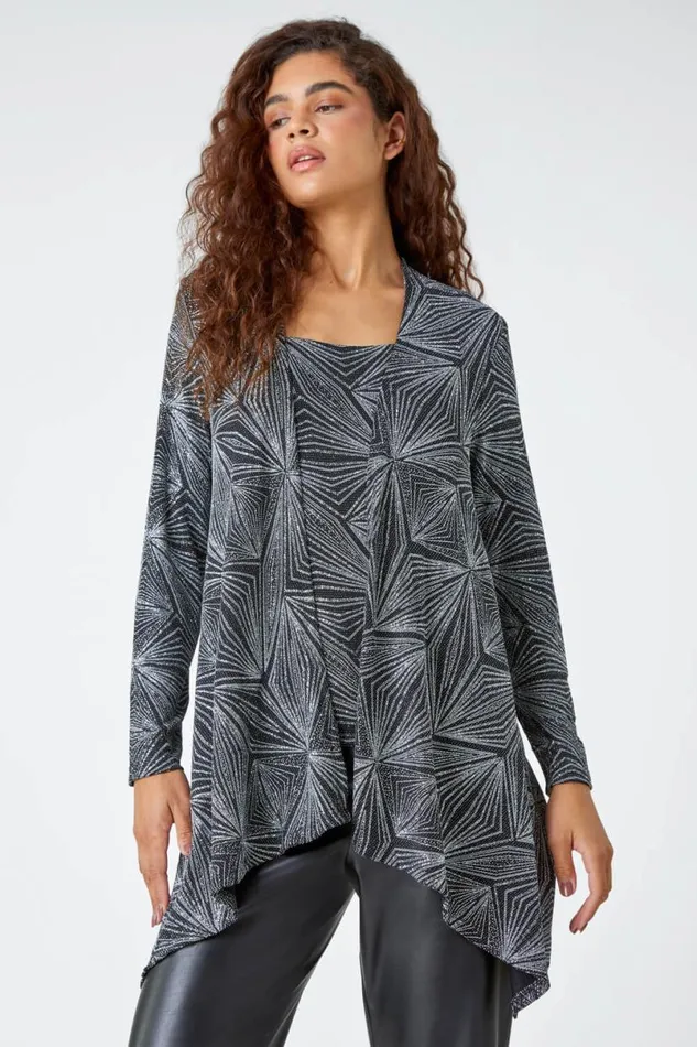 Silver Geometric Sparkle Embellished Kimono Women Roman Tops