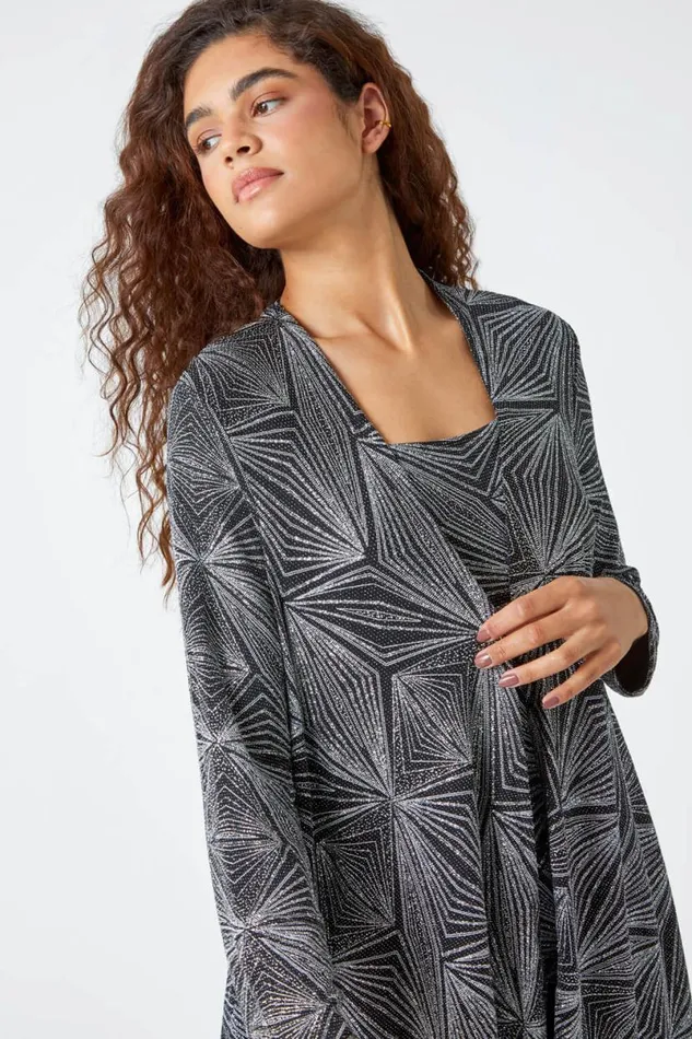 Silver Geometric Sparkle Embellished Kimono Women Roman Tops