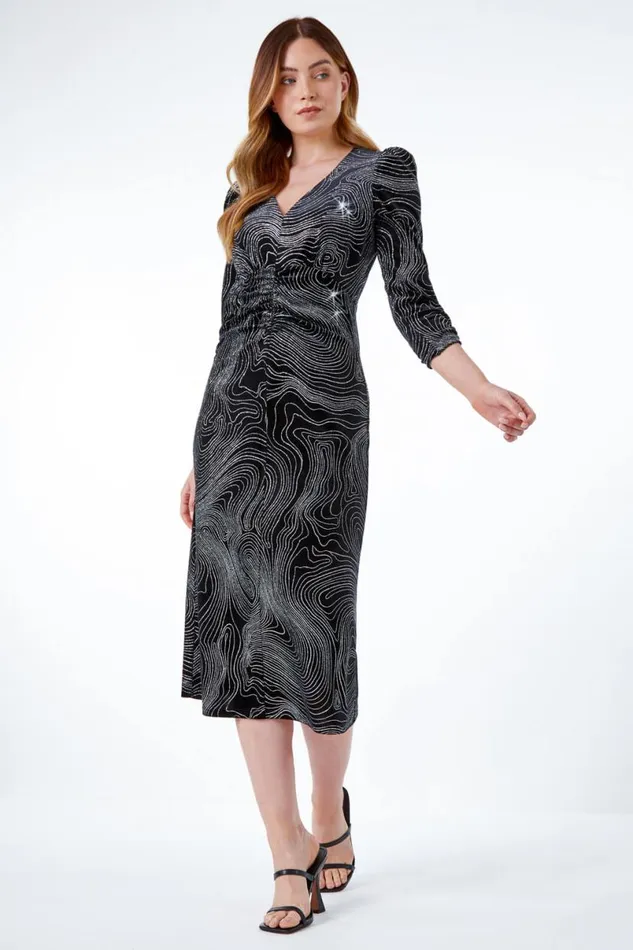 Silver Glitter Marble Print Ruched Velvet Dress Women Roman Dresses
