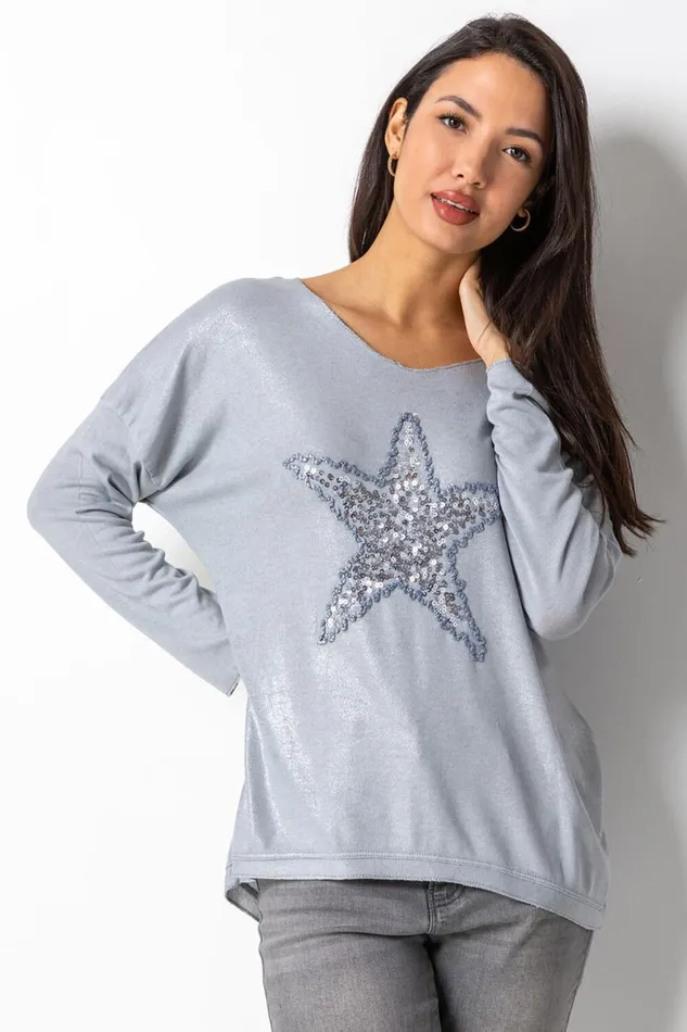 Silver Sequin Star Embellished Sweat Top Women Roman Tops