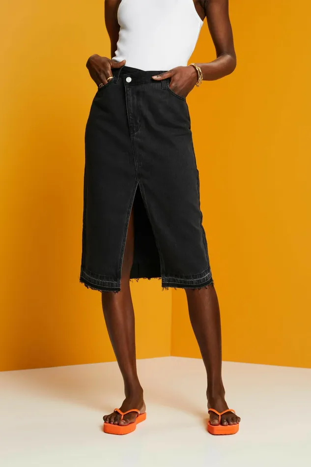 Skirts Shorts Women Esprit Midi Skirt With An Asymmetric Waistband Black Medium Washed