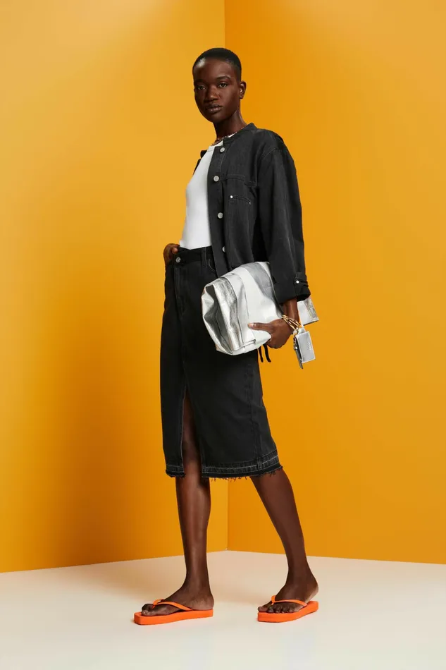 Skirts Shorts Women Esprit Midi Skirt With An Asymmetric Waistband Black Medium Washed