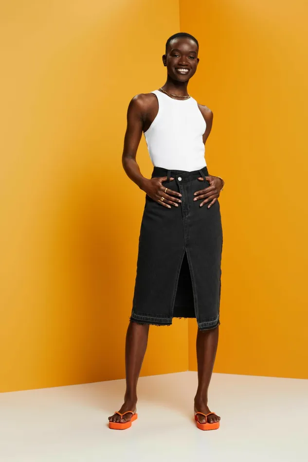 Skirts Shorts Women Esprit Midi Skirt With An Asymmetric Waistband Black Medium Washed