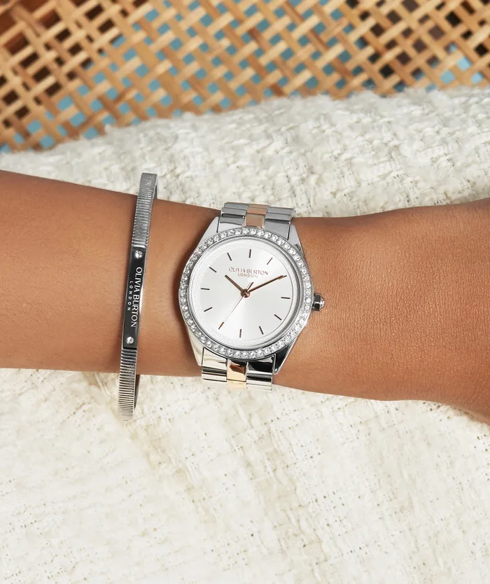 Sports Luxe Watches Women 34mm Bejewelled Silver and Two Tone Bracelet Watch Olivia Burton