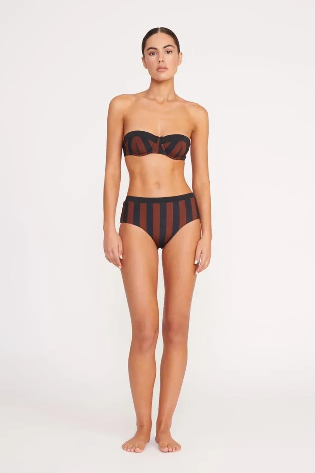 STAUD Bikinis STAUD DEVON HIGH RISE BIKINI BOTTOM BLACK TAN SEASHORE STRIPE 8211 Women