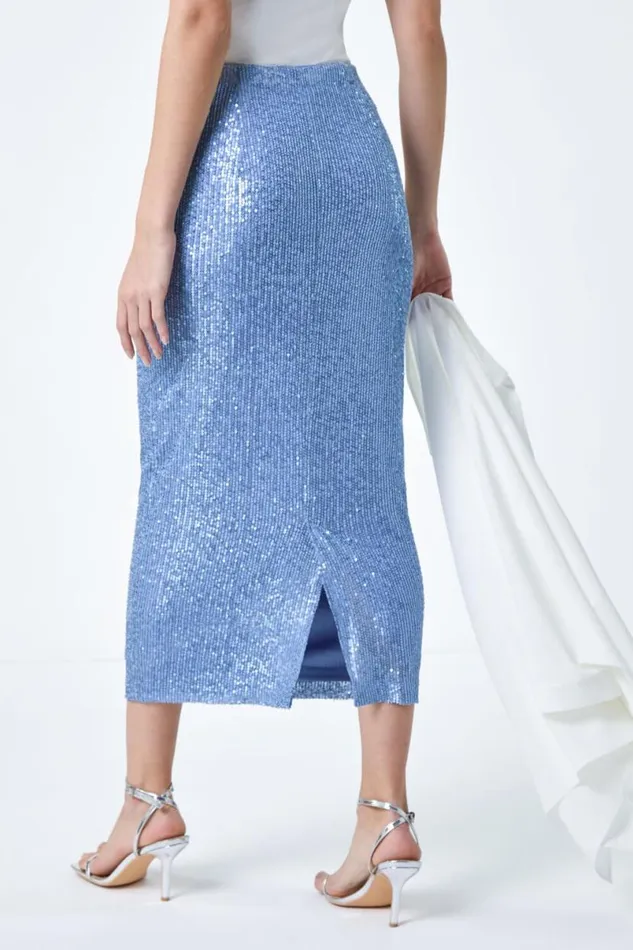 Steel Blue Sequin Sparkle Stretch Midi Skirt Women Roman Occasionwear