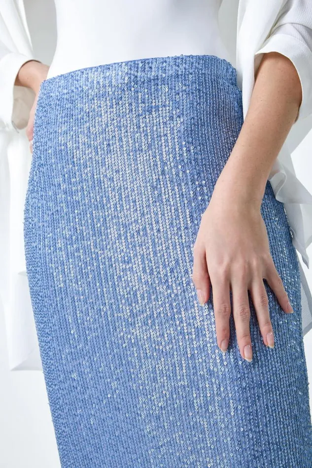 Steel Blue Sequin Sparkle Stretch Midi Skirt Women Roman Occasionwear