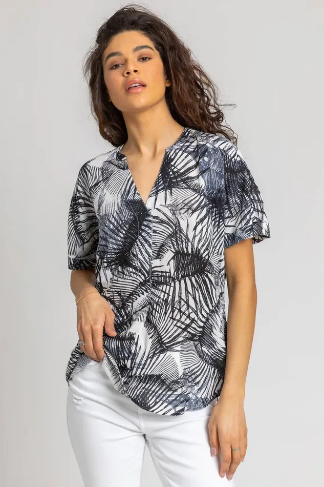 Steel Blue Tropical Palm Print VNeck Top Women Roman Tops