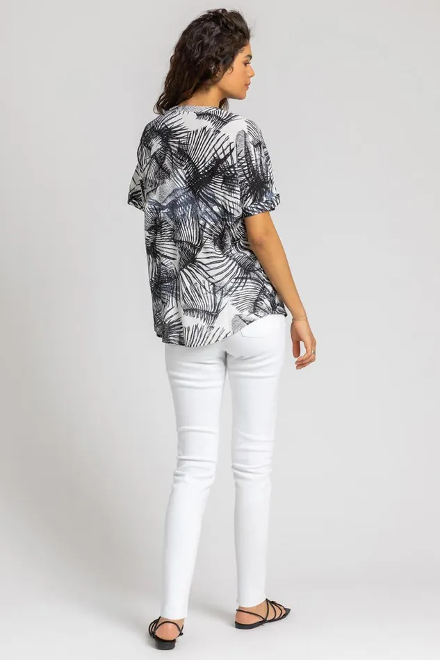 Steel Blue Tropical Palm Print VNeck Top Women Roman Tops