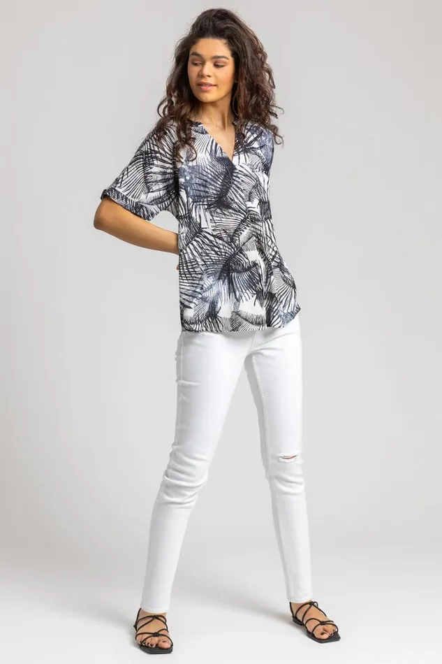 Steel Blue Tropical Palm Print VNeck Top Women Roman Tops