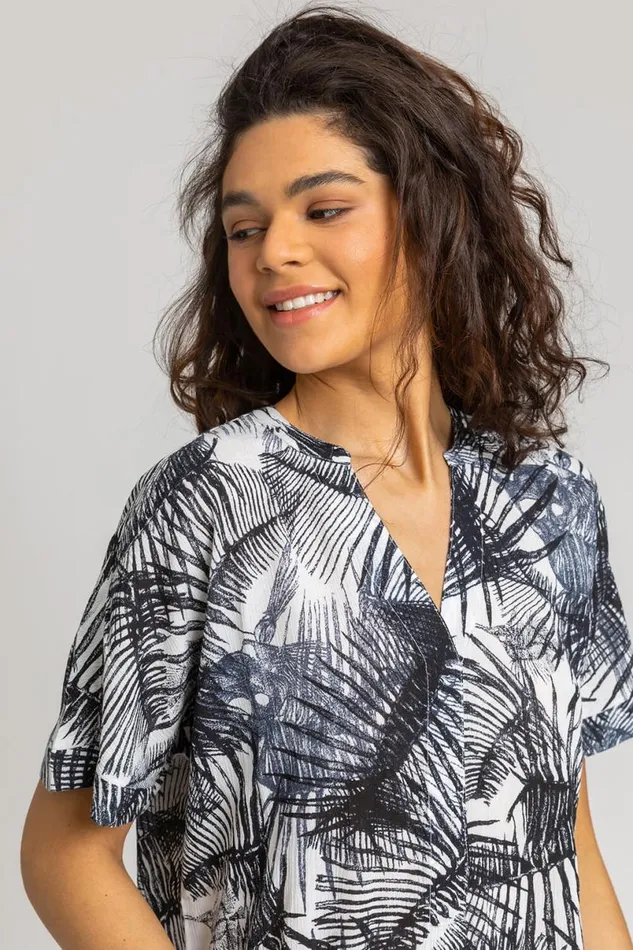 Steel Blue Tropical Palm Print VNeck Top Women Roman Tops