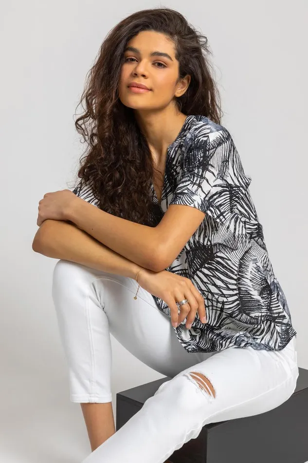 Steel Blue Tropical Palm Print VNeck Top Women Roman Tops