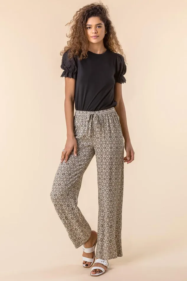 Stone Geometric Elastic Waist Wide Leg Trouser Women Roman Trousers