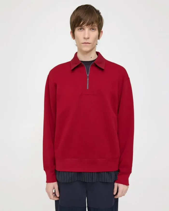 Sweaters Cardigans Men Theory QuarterZip Polo Sweater In Terry Cotton Ruby