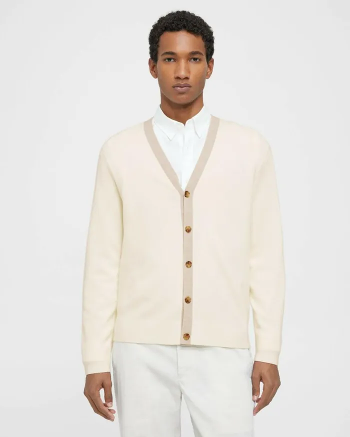 Sweaters Cardigans Men Theory VNeck Cardigan In Merino Wool IvorySand Melange