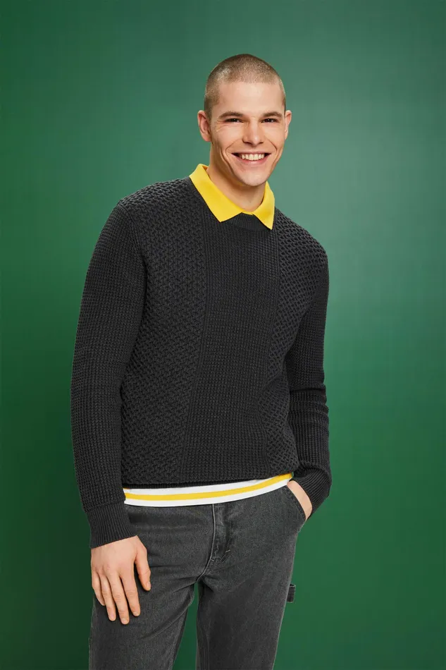 Sweaters Men Esprit CableKnit Crewneck Sweater Dark Grey