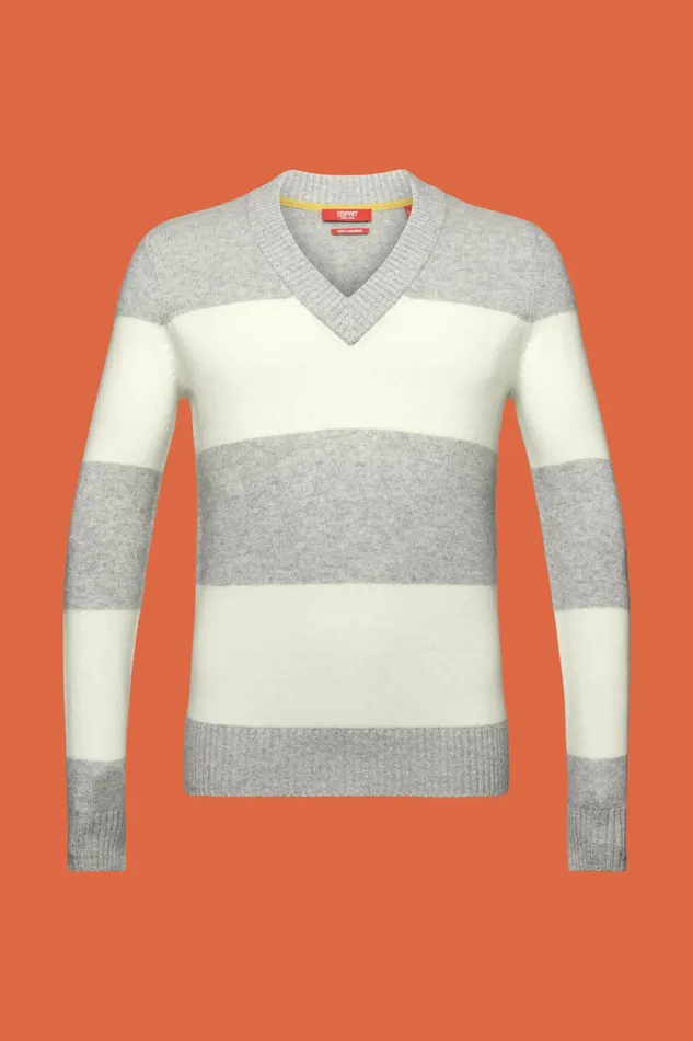 Sweaters Men Esprit Cashmere VNeck Rugby Stripe Sweater Light Grey