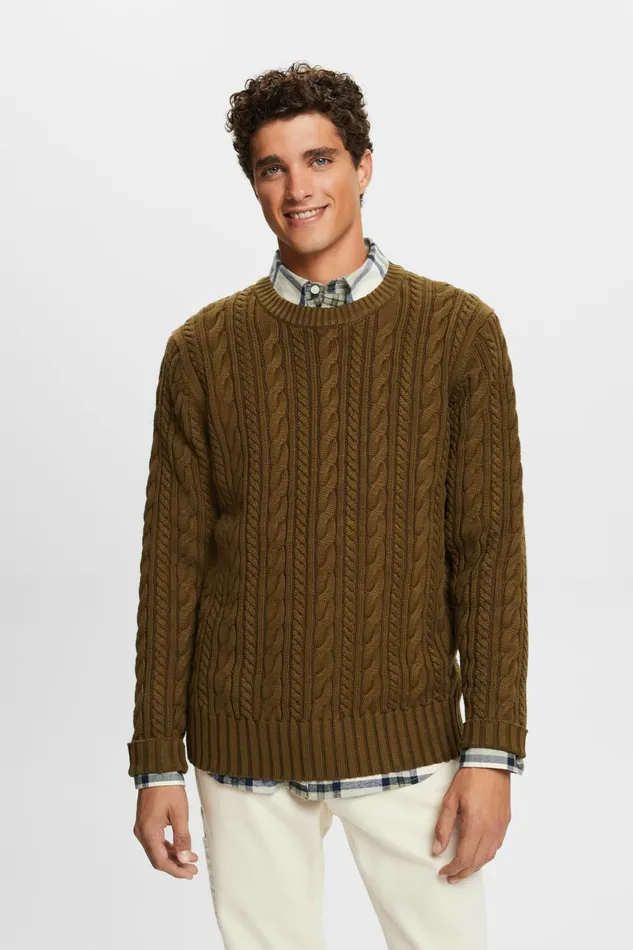 Sweaters Men Esprit Cotton Cable Knit Jumper Dark Khaki