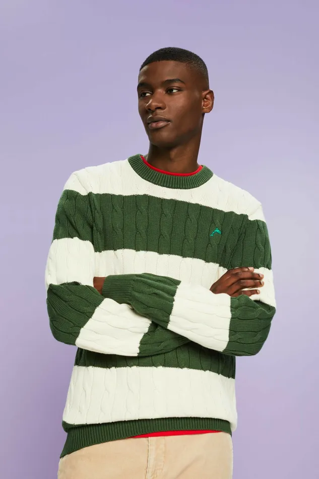 Sweaters Men Esprit Striped Cable Knit Sweater Off White