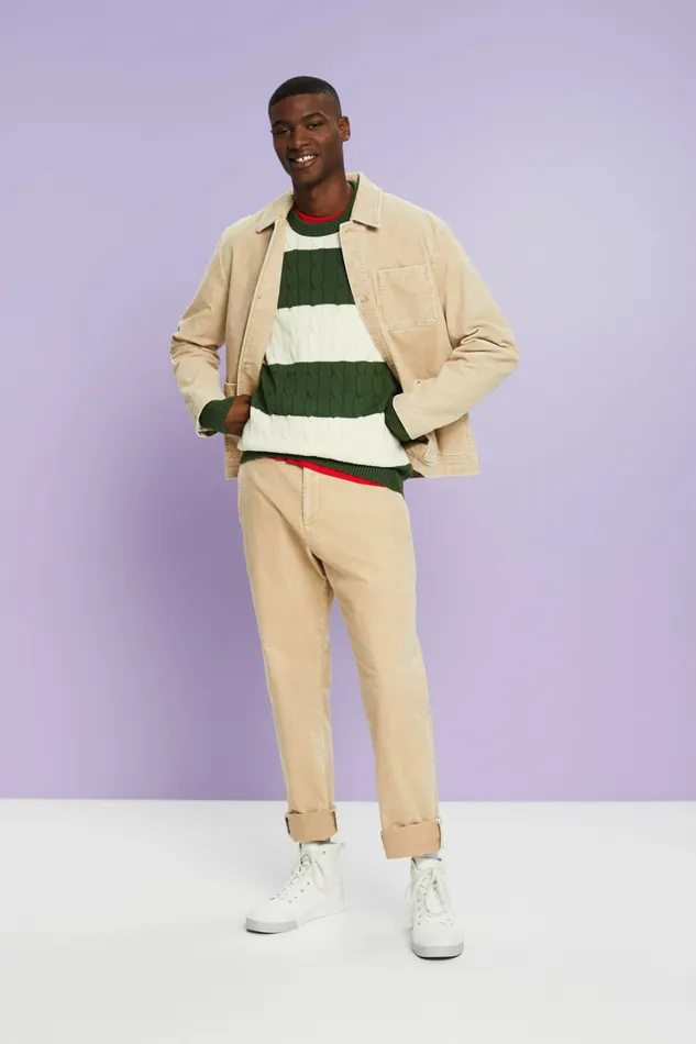 Sweaters Men Esprit Striped Cable Knit Sweater Off White