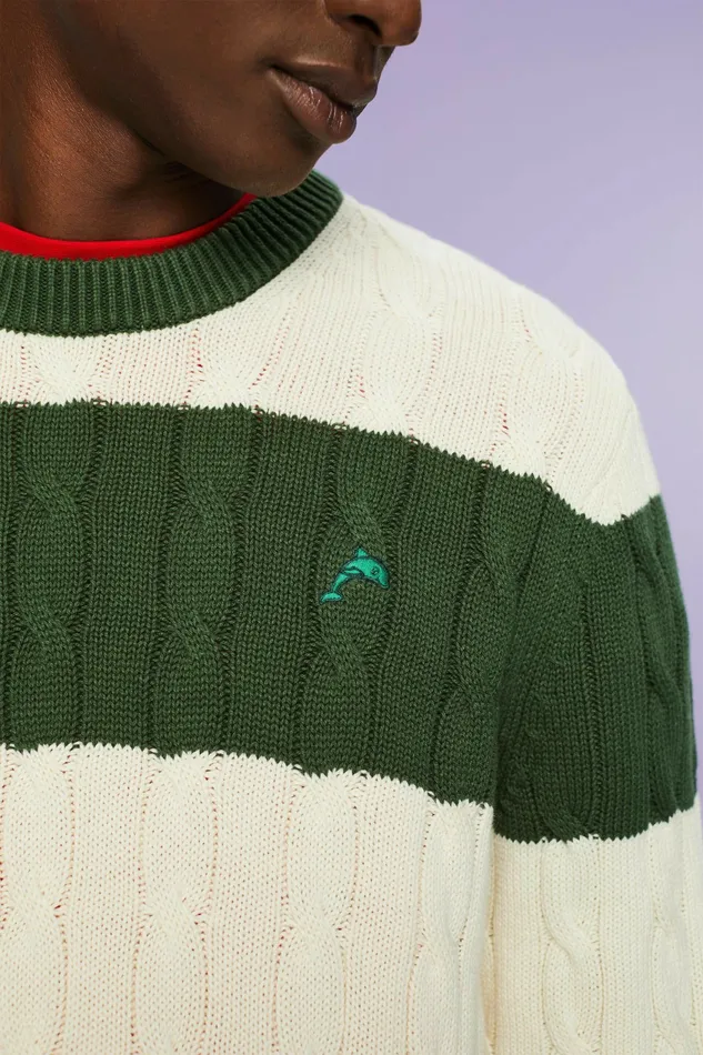 Sweaters Men Esprit Striped Cable Knit Sweater Off White