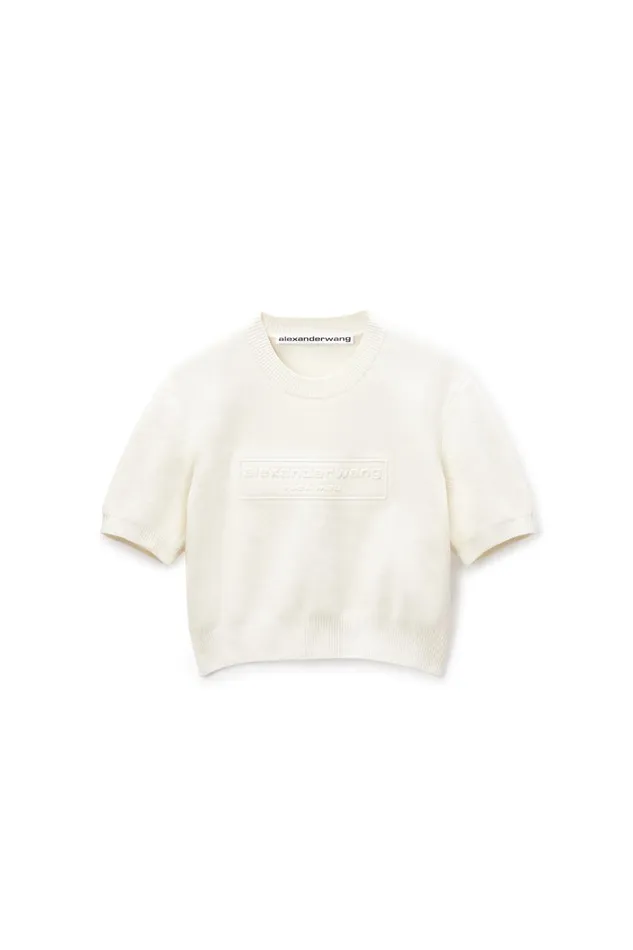 Sweaters Women Alexander Wang Logo Embossed Short Sleeve Ribbed Pullover In Soft Chenille