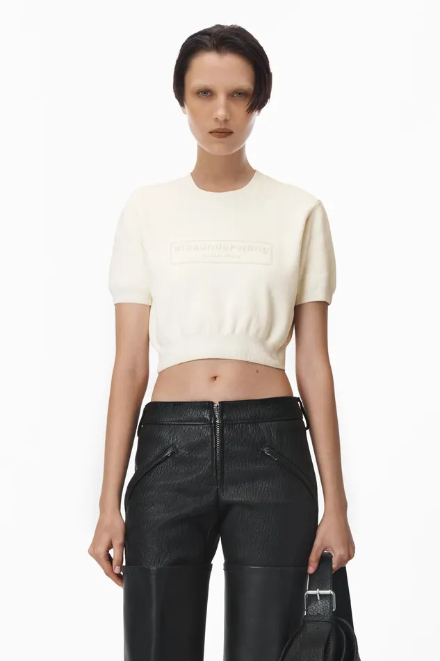 Sweaters Women Alexander Wang Logo Embossed Short Sleeve Ribbed Pullover In Soft Chenille