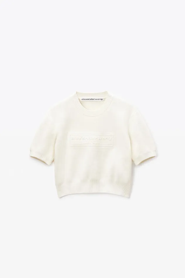 Sweaters Women Alexander Wang Logo Embossed Short Sleeve Ribbed Pullover In Soft Chenille