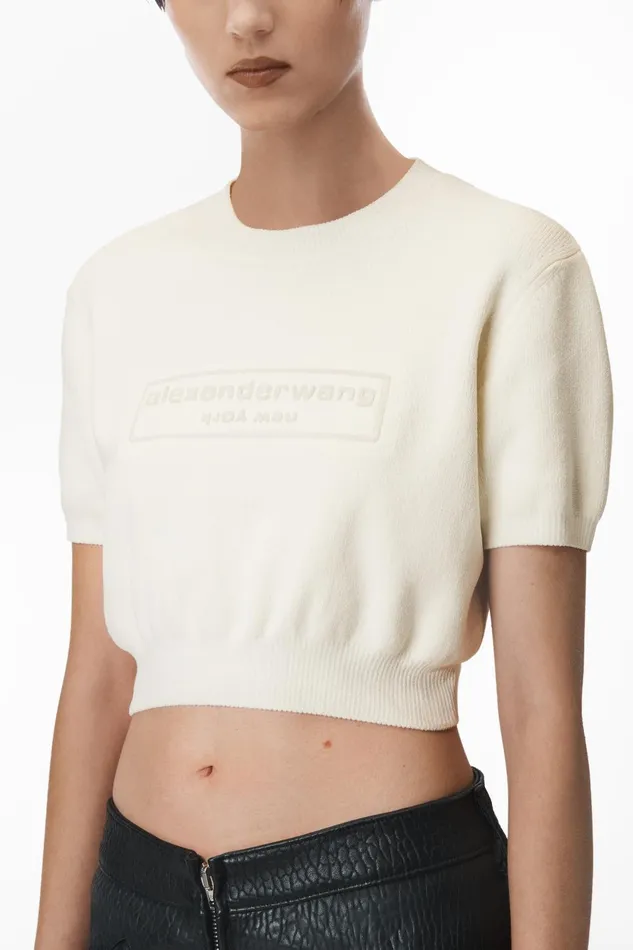 Sweaters Women Alexander Wang Logo Embossed Short Sleeve Ribbed Pullover In Soft Chenille
