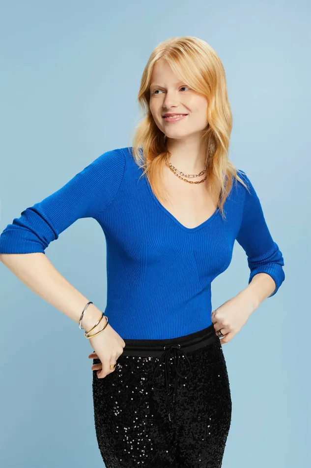 Sweaters Women Esprit RibKnit VNeck Sweater Bright Blue